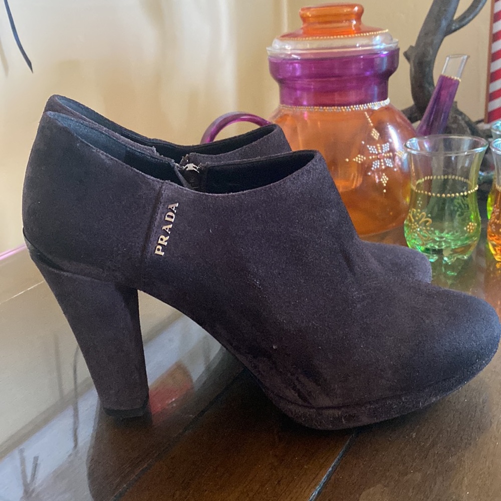 Prada dark brown suede heeled ankle boots